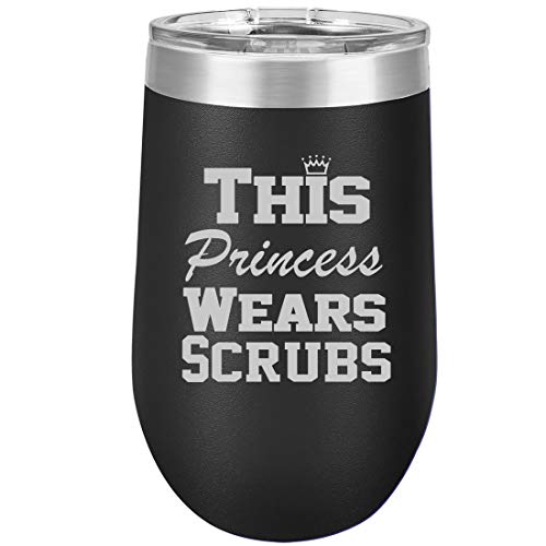 16 oz Double Wall Vacuum Insulated Stainless Steel Stemless Wine Tumbler Glass Coffee Travel Mug With Lid This Princess Wears Scrubs Nurse (Black)