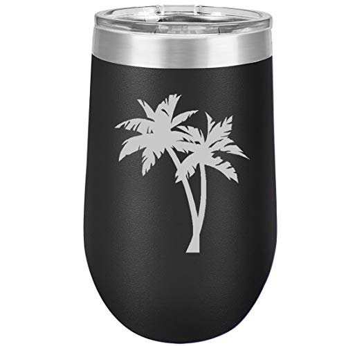 16 oz Double Wall Vacuum Insulated Stainless Steel Stemless Wine Tumbler Glass Coffee Travel Mug With Lid Palm Trees (Black)