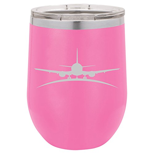 12 oz Double Wall Vacuum Insulated Stainless Steel Stemless Wine Tumbler Glass Coffee Travel Mug With Lid Airplane Pilot Flight Attendant (Hot-Pink)