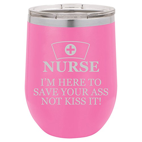 12 oz Double Wall Vacuum Insulated Stainless Steel Stemless Wine Tumbler Glass Coffee Travel Mug With Lid Nurse Here To Save You (Hot-Pink)