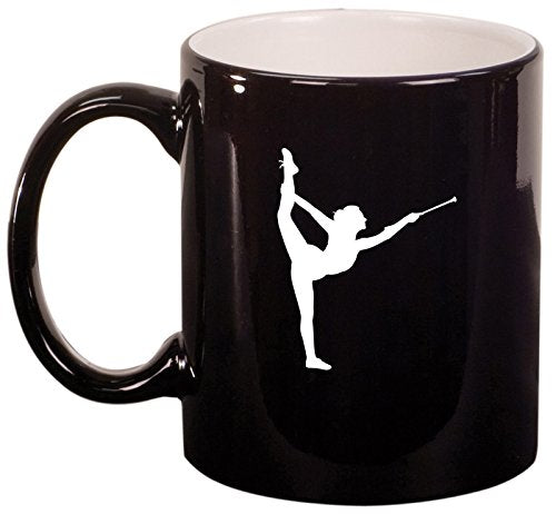 Ceramic Coffee Tea Mug Cup Female Gymnast Twirling Baton Gymnastics (Black)
