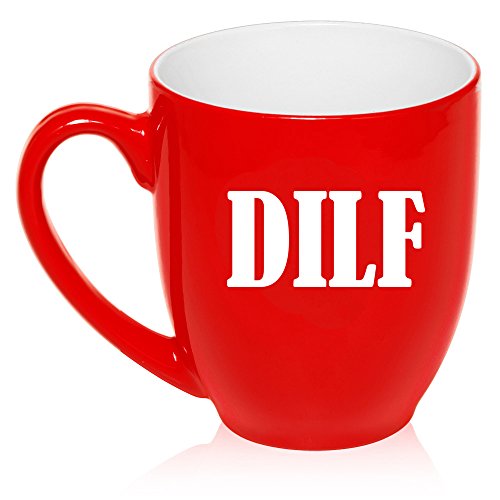 16 oz Large Bistro Mug Ceramic Coffee Tea Glass Cup DILF Funny Dad Father Husband Gift (Red)