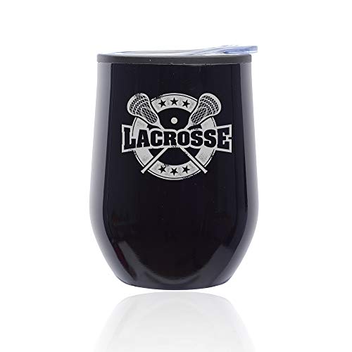 Stemless Wine Tumbler Coffee Travel Mug Glass With Lid Lacrosse Vintage (Midnight Black)
