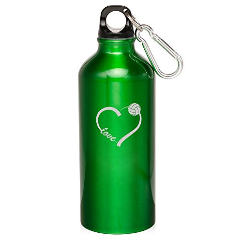 20oz Aluminum Sports Water Bottle Caribiner Clip Love Volleyball Heart (Green)