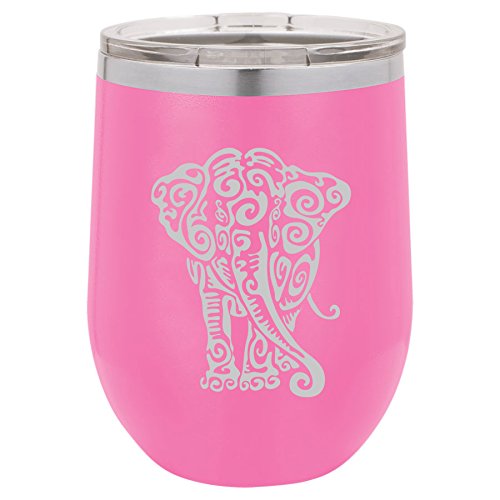 12 oz Double Wall Vacuum Insulated Stainless Steel Stemless Wine Tumbler Glass Coffee Travel Mug With Lid Tribal Elephant (Hot-Pink)
