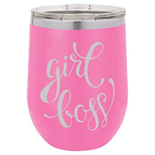 12 oz Double Wall Vacuum Insulated Stainless Steel Stemless Wine Tumbler Glass Coffee Travel Mug With Lid Girl Boss (Hot-Pink)