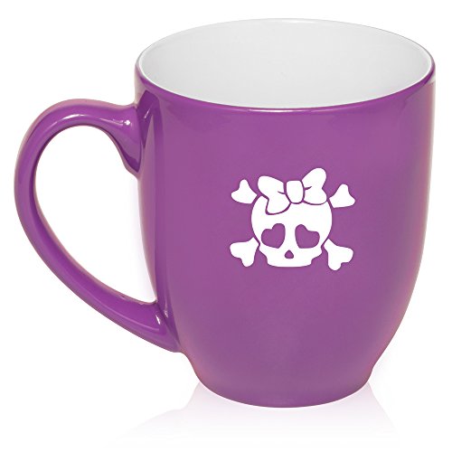 16 oz Large Bistro Mug Ceramic Coffee Tea Glass Cup Heart Skull Bow (Purple)