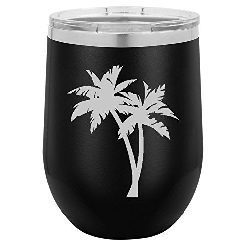 12 oz Double Wall Vacuum Insulated Stainless Steel Stemless Wine Tumbler Glass Coffee Travel Mug With Lid Palm Trees (Black)