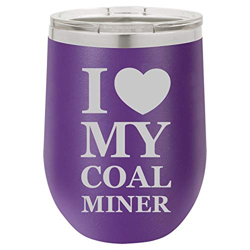 12 oz Double Wall Vacuum Insulated Stainless Steel Stemless Wine Tumbler Glass Coffee Travel Mug With Lid I Love My Coal Miner (Purple)