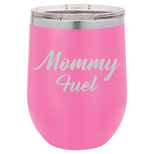 12 oz Double Wall Vacuum Insulated Stainless Steel Stemless Wine Tumbler Glass Coffee Travel Mug With Lid Mommy Fuel Mom Mother (Hot-Pink)