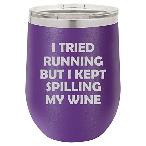 12 oz Double Wall Vacuum Insulated Stainless Steel Stemless Wine Tumbler Glass Coffee Travel Mug With Lid I Tried Running But I Kept Spilling My Wine Funny (Purple)