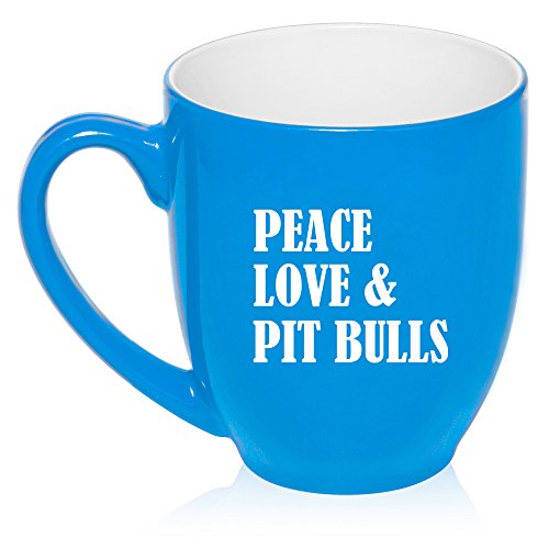 16 oz Large Bistro Mug Ceramic Coffee Tea Glass Cup Peace Love & Pit Bulls (Light Blue)