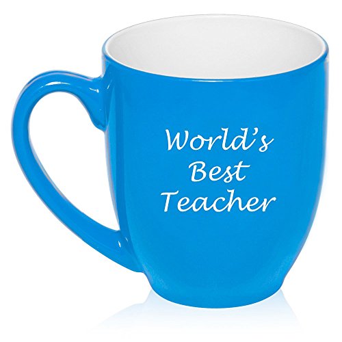 16 oz Large Bistro Mug Ceramic Coffee Tea Glass Cup World's Best Teacher (Light Blue)