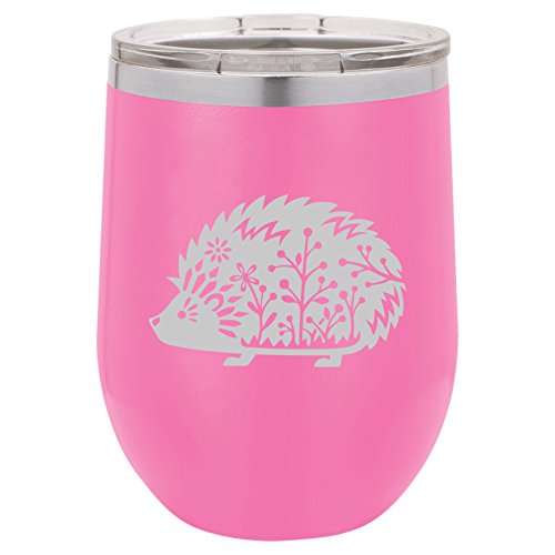 12 oz Double Wall Vacuum Insulated Stainless Steel Stemless Wine Tumbler Glass Coffee Travel Mug With Lid Fancy Hedgehog (Hot-Pink)