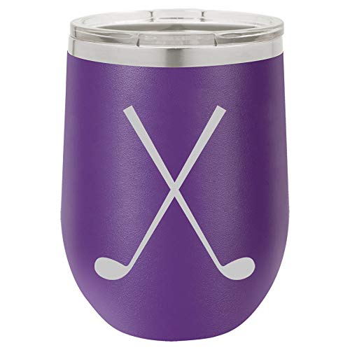 12 oz Double Wall Vacuum Insulated Stainless Steel Stemless Wine Tumbler Glass Coffee Travel Mug With Lid Crossed Golf Clubs (Purple)