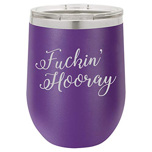 12 oz Double Wall Vacuum Insulated Stainless Steel Stemless Wine Tumbler Glass Coffee Travel Mug With Lid Fckin Hooray (Purple)