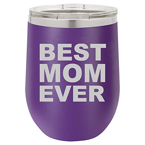 12 oz Double Wall Vacuum Insulated Stainless Steel Stemless Wine Tumbler Glass Coffee Travel Mug With Lid Best Mom Ever (Purple)