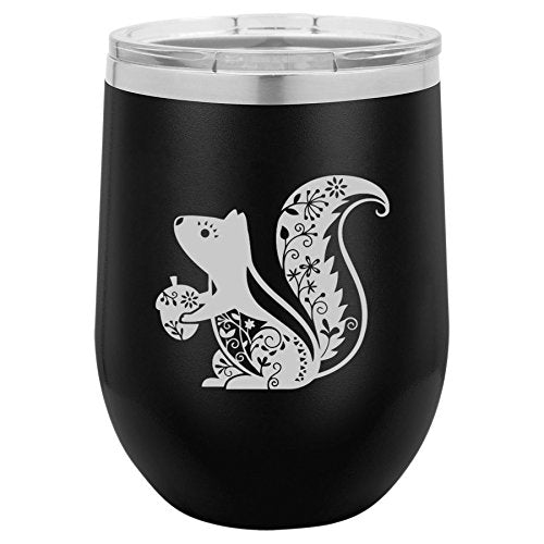 12 oz Double Wall Vacuum Insulated Stainless Steel Stemless Wine Tumbler Glass Coffee Travel Mug With Lid Fancy Squirrel (Black)