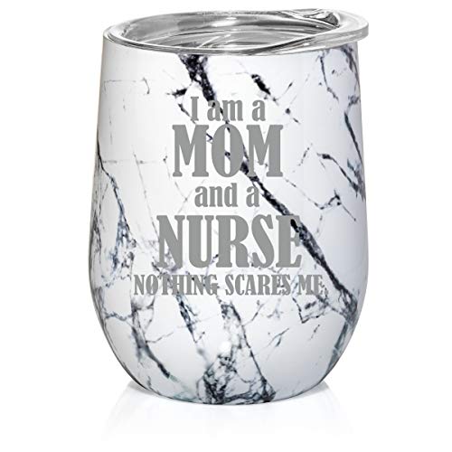 12 oz Double Wall Vacuum Insulated Stainless Steel Marble Stemless Wine Tumbler Glass Coffee Travel Mug With Lid Nurse Mom (Black White Marble)