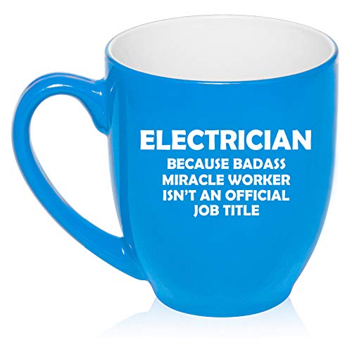 16 oz Large Bistro Mug Ceramic Coffee Tea Glass Cup Electrician Miracle Worker Job Title Funny (Light-Blue)