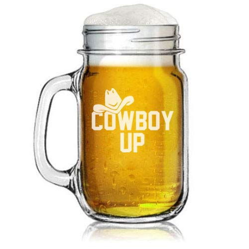 16oz Mason Jar Glass Mug w/Handle Cowboy Up Hat