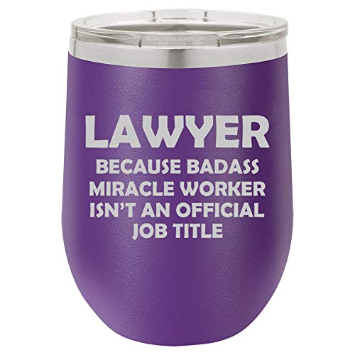 12 oz Double Wall Vacuum Insulated Stainless Steel Stemless Wine Tumbler Glass Coffee Travel Mug With Lid Lawyer Miracle Worker Job Title Funny (Purple)