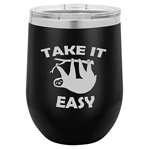 12 oz Double Wall Vacuum Insulated Stainless Steel Stemless Wine Tumbler Glass Coffee Travel Mug With Lid Take It Easy Sloth Funny (Black)