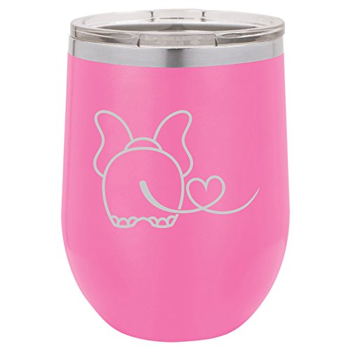 12 oz Double Wall Vacuum Insulated Stainless Steel Stemless Wine Tumbler Glass Coffee Travel Mug With Lid Elephant In Love (Hot-Pink)