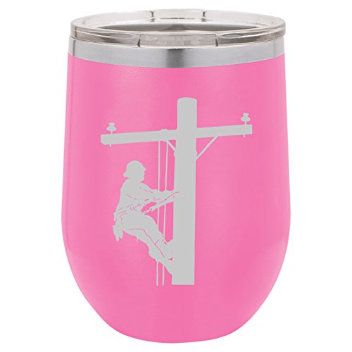 12 oz Double Wall Vacuum Insulated Stainless Steel Stemless Wine Tumbler Glass Coffee Travel Mug With Lid Lineman Electric Pole Climber (Hot-Pink)