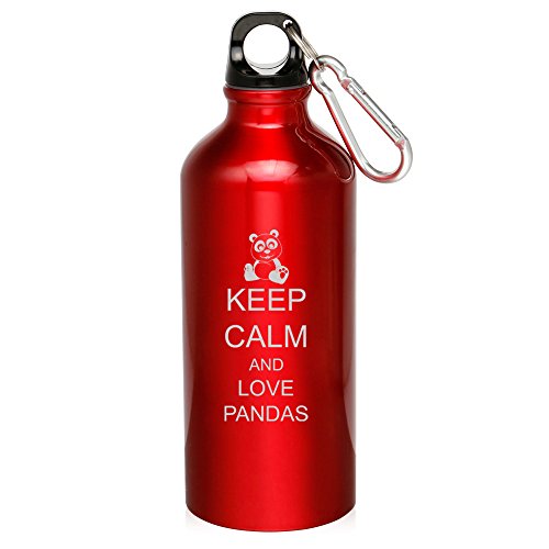 20oz Aluminum Sports Water Bottle Caribiner Clip Keep Calm and Love Pandas (Red)