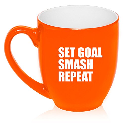 16 oz Large Bistro Mug Ceramic Coffee Tea Glass Cup Set Goal Smash Repeat Motivational Graduation (Orange)