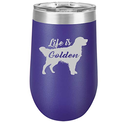 16 oz Double Wall Vacuum Insulated Stainless Steel Stemless Wine Tumbler Glass Coffee Travel Mug With Lid Golden Retriever 'Life is Golden' (Purple)