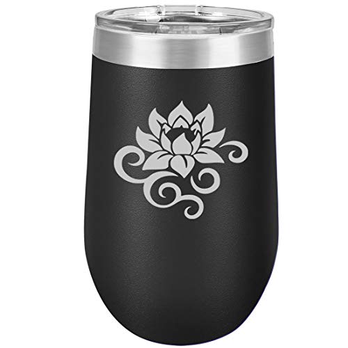 16 oz Double Wall Vacuum Insulated Stainless Steel Stemless Wine Tumbler Glass Coffee Travel Mug With Lid Lotus Flower Scroll (Black)