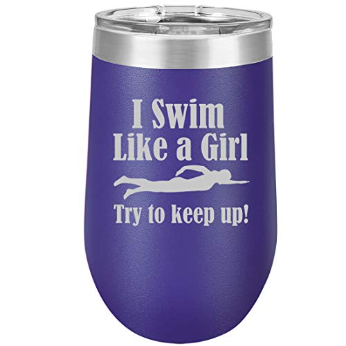 16 oz Double Wall Vacuum Insulated Stainless Steel Stemless Wine Tumbler Glass Coffee Travel Mug With Lid Swim Like A Girl (Purple)