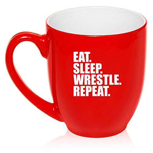 16 oz Large Bistro Mug Ceramic Coffee Tea Glass Cup Eat Sleep Wrestle Repeat (Red)