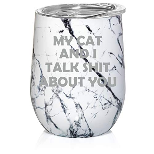 12 oz Double Wall Vacuum Insulated Stainless Steel Marble Stemless Wine Tumbler Glass Coffee Travel Mug With Lid My Cat And I Talk About You Funny (Black White Marble)