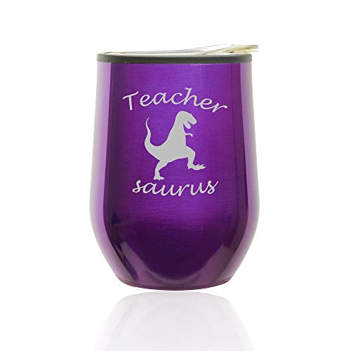 Stemless Wine Tumbler Coffee Travel Mug Glass With Lid Teacher Saurus Funny T-Rex (Royal Purple)