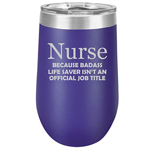 16 oz Double Wall Vacuum Insulated Stainless Steel Stemless Wine Tumbler Glass Coffee Travel Mug With Lid Nurse Job Title Funny (Purple)