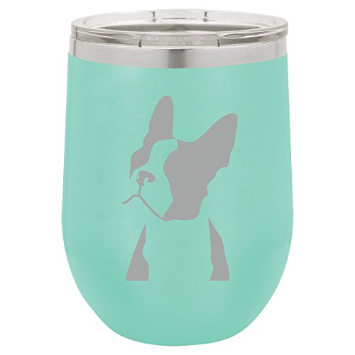 12 oz Double Wall Vacuum Insulated Stainless Steel Stemless Wine Tumbler Glass Coffee Travel Mug With Lid Boston Terrier Face (Teal)