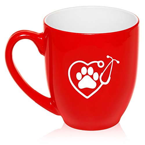 16 oz Large Bistro Mug Ceramic Coffee Tea Glass Cup Heart Stethoscope Vet Tech Veterinarian (Red)