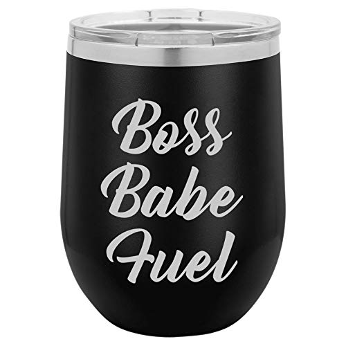 12 oz Double Wall Vacuum Insulated Stainless Steel Stemless Wine Tumbler Glass Coffee Travel Mug With Lid Boss Babe Fuel (Black)