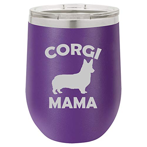 12 oz Double Wall Vacuum Insulated Stainless Steel Stemless Wine Tumbler Glass Coffee Travel Mug With Lid Corgi Mama (Purple)