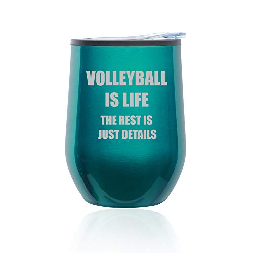 Stemless Wine Tumbler Coffee Travel Mug Glass With Lid Volleyball Is Life (Turquoise Teal)