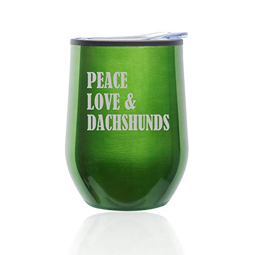Stemless Wine Tumbler Coffee Travel Mug Glass With Lid Peace Love & Dachshunds (Green)