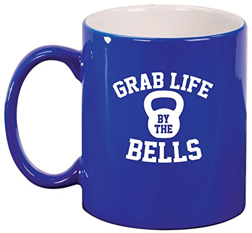 Ceramic Coffee Tea Mug Grab Life By The Bells Kettlebell Funny Workout Fitness (Blue)