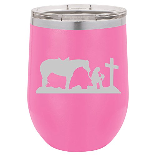 12 oz Double Wall Vacuum Insulated Stainless Steel Stemless Wine Tumbler Glass Coffee Travel Mug With Lid Cowgirl Praying Cross Horse (Hot-Pink)