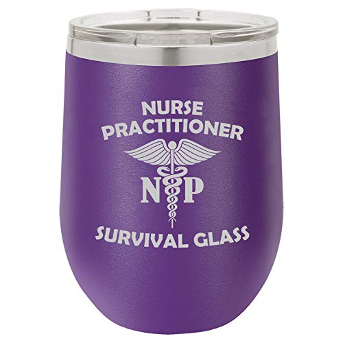 12 oz Double Wall Vacuum Insulated Stainless Steel Stemless Wine Tumbler Glass Coffee Travel Mug With Lid Nurse Practitioner NP Survival Glass Funny (Purple)