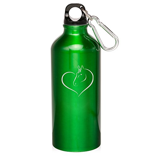 20oz Aluminum Sports Water Bottle Caribiner Clip Heart Horse (Green)