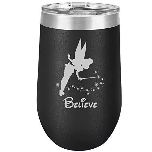16 oz Double Wall Vacuum Insulated Stainless Steel Stemless Wine Tumbler Glass Coffee Travel Mug With Lid Fairy Believe (Black)