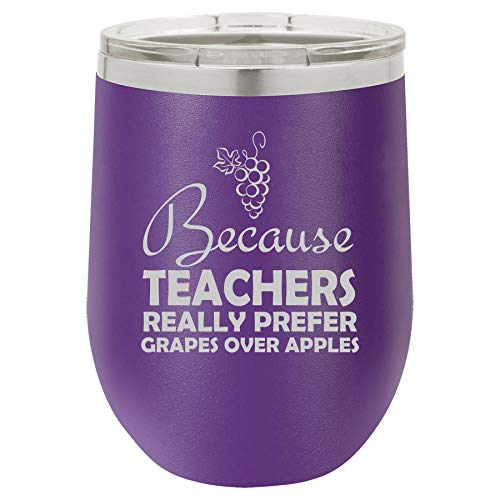 12 oz Double Wall Vacuum Insulated Stainless Steel Stemless Wine Tumbler Glass Coffee Travel Mug With Lid Because Teachers Really Prefer Grapes Over Apples Funny (Purple)